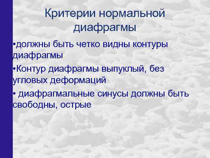 Критерии нормальной диафрагмы • должны быть четко видны контуры диафрагмы • Контур диафрагмы выпуклый,
