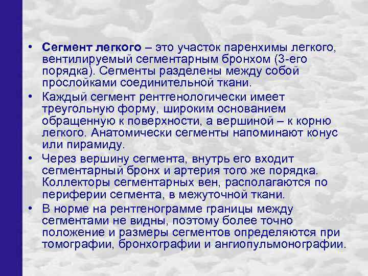  • Сегмент легкого – это участок паренхимы легкого, вентилируемый сегментарным бронхом (3 -его