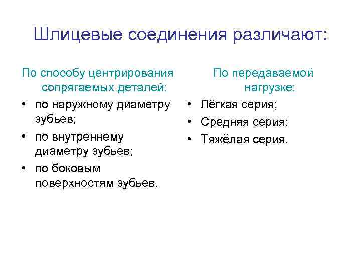 Шлицевые соединения различают: По способу центрирования сопрягаемых деталей: • по наружному диаметру зубьев; •