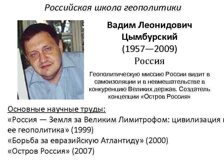 Российская школа геополитики Вадим Леонидович Цымбурский (1957— 2009) Россия Геополитическую миссию России видит в