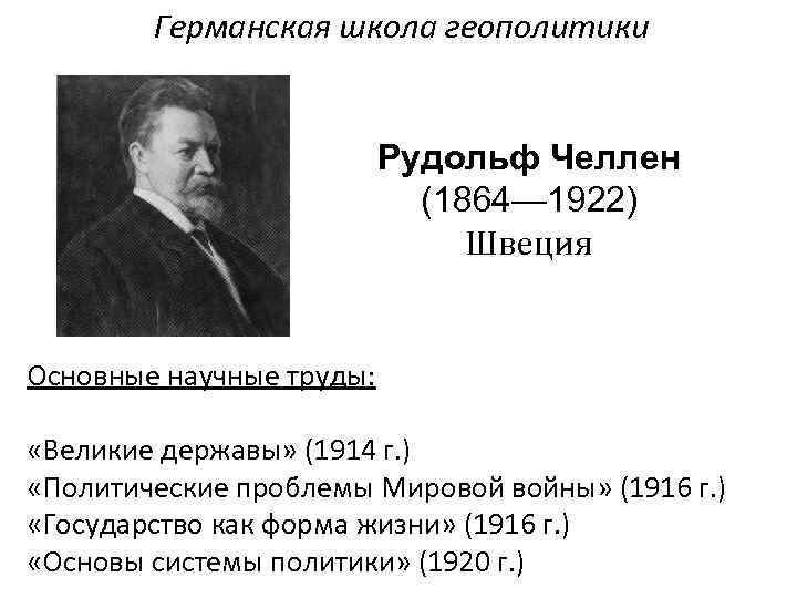 Германская школа геополитики Рудольф Челлен (1864— 1922) Швеция Основные научные труды: «Великие державы» (1914