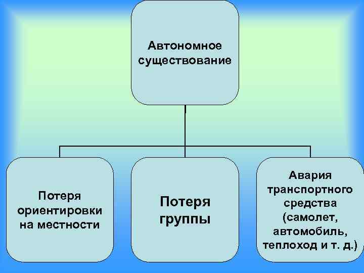 Автономное существование Потеря ориентировки на местности Потеря группы Авария транспортного средства (самолет, автомобиль, теплоход