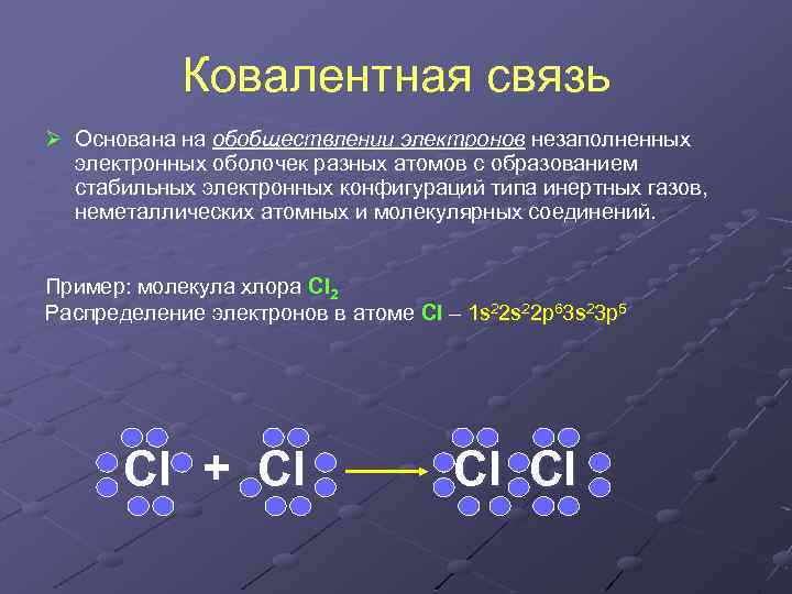 Ковалентная связь Ø Основана на обобществлении электронов незаполненных электронных оболочек разных атомов с образованием