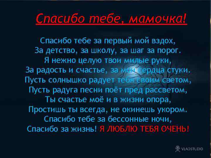 Спасибо тебе, мамочка! Спасибо тебе за первый мой вздох, За детство, за школу, за
