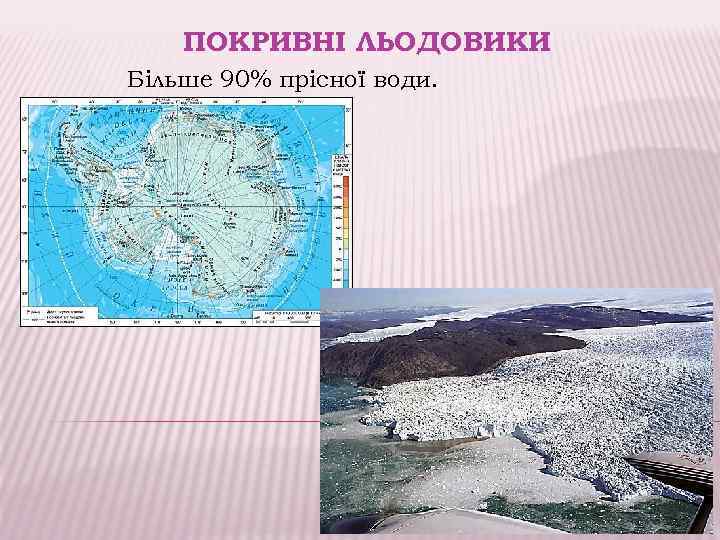 ПОКРИВНІ ЛЬОДОВИКИ Більше 90% прісної води. 