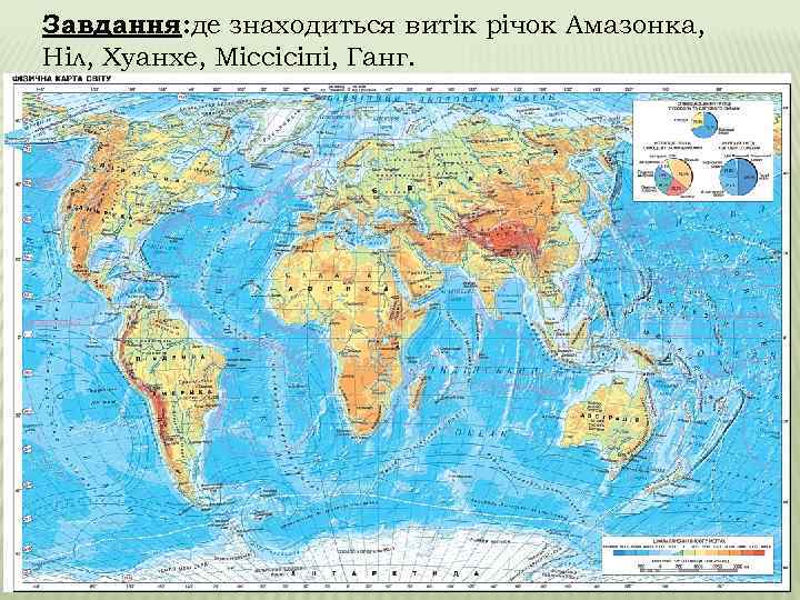 Завдання: де знаходиться витік річок Амазонка, Ніл, Хуанхе, Міссісіпі, Ганг. 