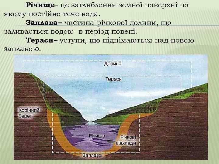 Річище– це заглиблення земної поверхні по якому постійно тече вода. Заплава – частина річкової