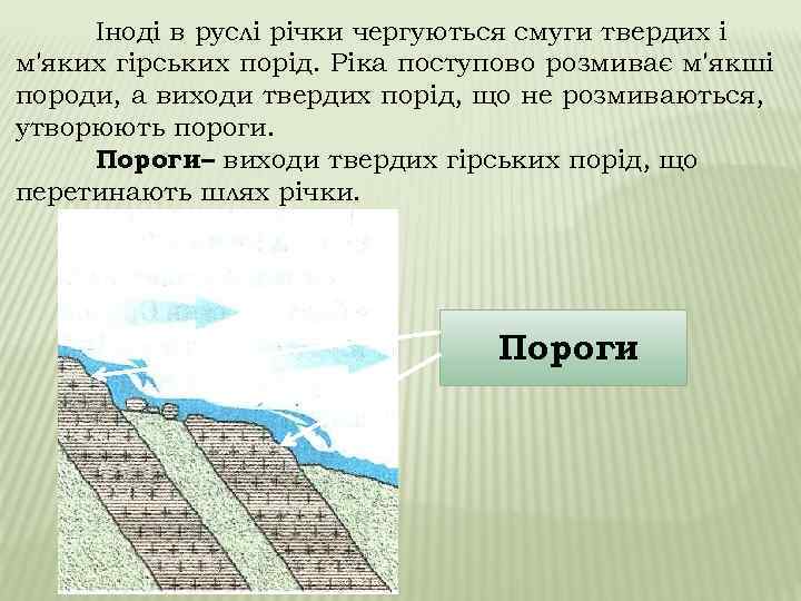 Іноді в руслі річки чергуються смуги твердих і м'яких гірських порід. Ріка поступово розмиває
