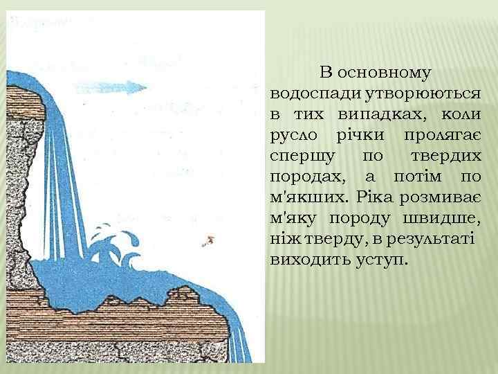 В основному водоспади утворюються в тих випадках, коли русло річки пролягає спершу по твердих