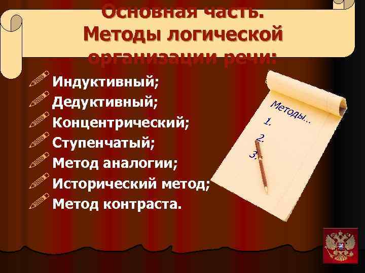 Основная часть. Методы логической организации речи: ! Индуктивный; ! Дедуктивный; ! Концентрический; ! Ступенчатый;