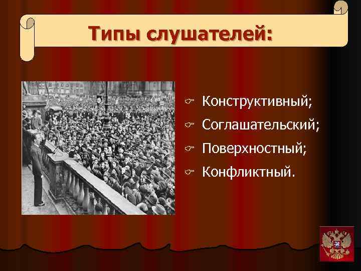 Типы слушателей: C Конструктивный; C Соглашательский; C Поверхностный; C Конфликтный. 