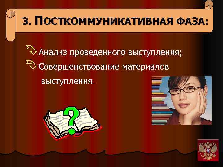 3. ПОСТКОММУНИКАТИВНАЯ ФАЗА: ÊАнализ проведенного выступления; ÊСовершенствование материалов выступления. 