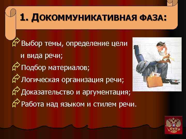 1. ДОКОММУНИКАТИВНАЯ ФАЗА: ÆВыбор темы, определение цели и вида речи; ÆПодбор материалов; ÆЛогическая организация