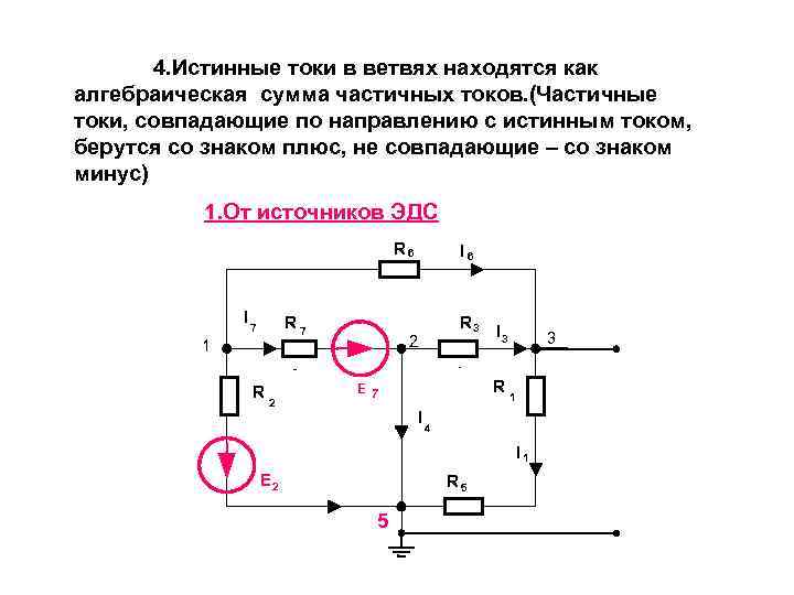 4. Истинные токи в ветвях находятся как алгебраическая сумма частичных токов. (Частичные токи, совпадающие