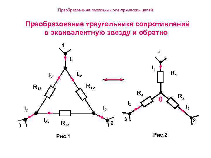 Преобразование пассивных электрических цепей Преобразование треугольника сопротивлений в эквивалентную звезду и обратно 1 1