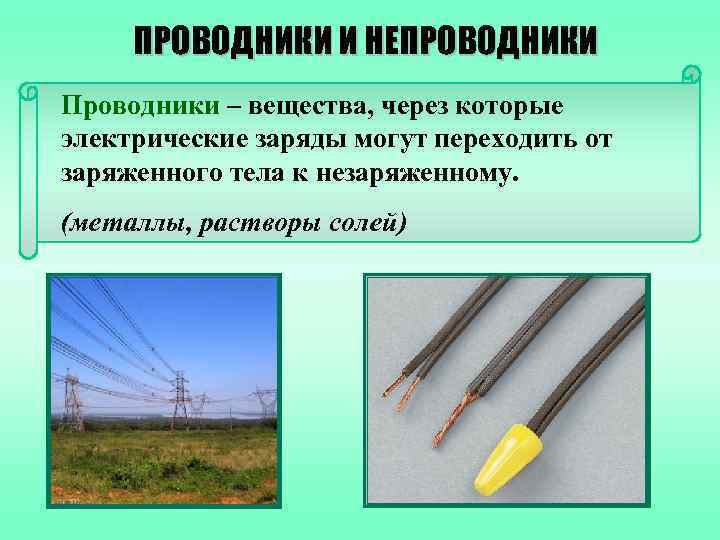 ПРОВОДНИКИ И НЕПРОВОДНИКИ Проводники – вещества, через которые электрические заряды могут переходить от заряженного