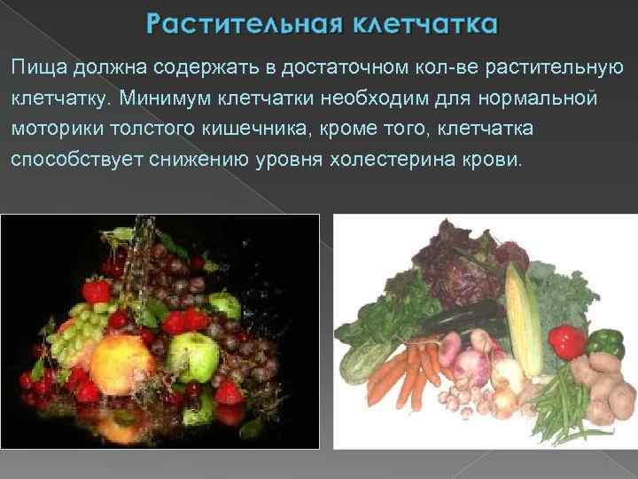 Растительная клетчатка Пища должна содержать в достаточном кол-ве растительную клетчатку. Минимум клетчатки необходим для