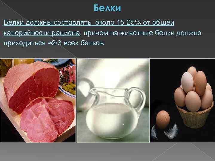 Белки должны составлять около 15 -25% от общей калорийности рациона, причем на животные белки