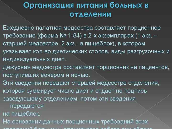 Организация питания больных в отделении Ежедневно палатная медсестра составляет порционное требование (форма № 1