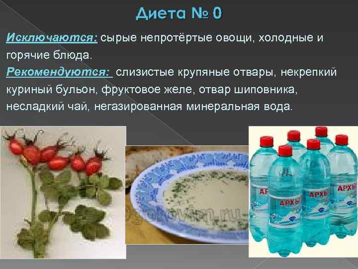 Диета № 0 Исключаются: сырые непротёртые овощи, холодные и горячие блюда. Рекомендуются: слизистые крупяные