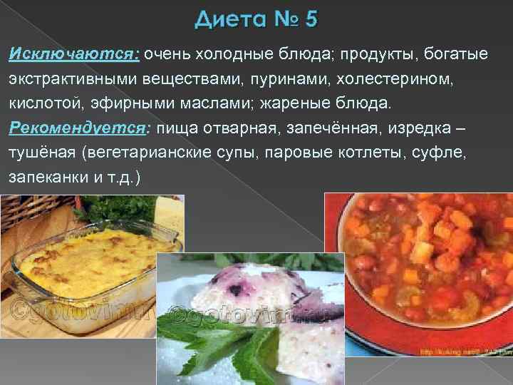Диета № 5 Исключаются: очень холодные блюда; продукты, богатые экстрактивными веществами, пуринами, холестерином, кислотой,
