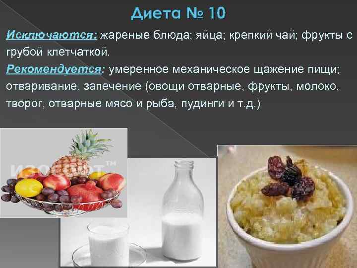 Диета № 10 Исключаются: жареные блюда; яйца; крепкий чай; фрукты с грубой клетчаткой. Рекомендуется: