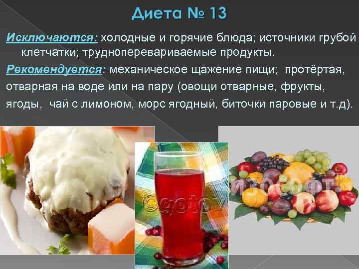 Диета № 13 Исключаются: холодные и горячие блюда; источники грубой клетчатки; трудноперевариваемые продукты. Рекомендуется: