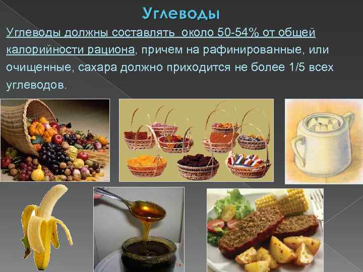 Углеводы должны составлять около 50 -54% от общей калорийности рациона, причем на рафинированные, или