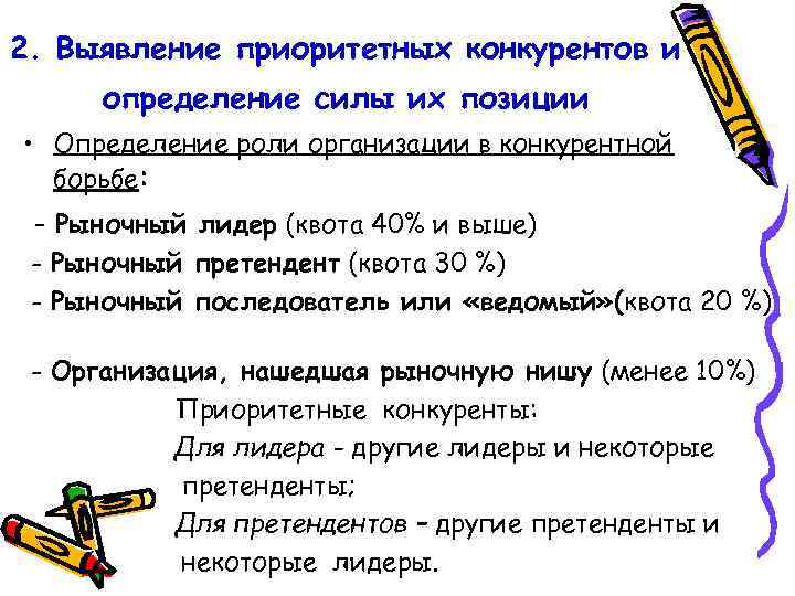 2. Выявление приоритетных конкурентов и определение силы их позиции • Определение роли организации в