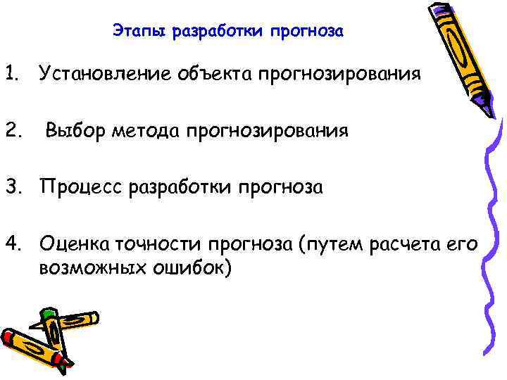 Этапы разработки прогноза 1. Установление объекта прогнозирования 2. Выбор метода прогнозирования 3. Процесс разработки