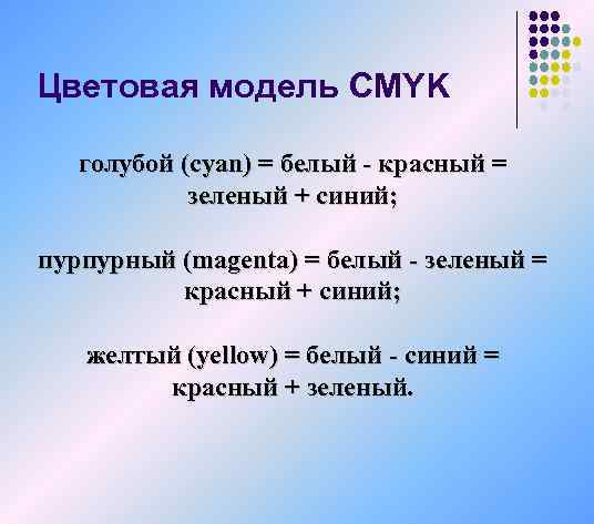 Цветовая модель CMYK голубой (cyan) = белый - красный = зеленый + синий; пурпурный