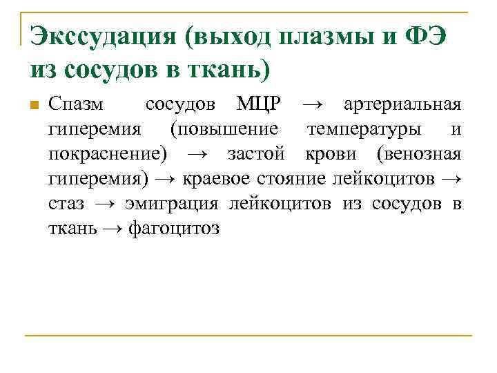 Экссудация (выход плазмы и ФЭ из сосудов в ткань) n Спазм сосудов МЦР →