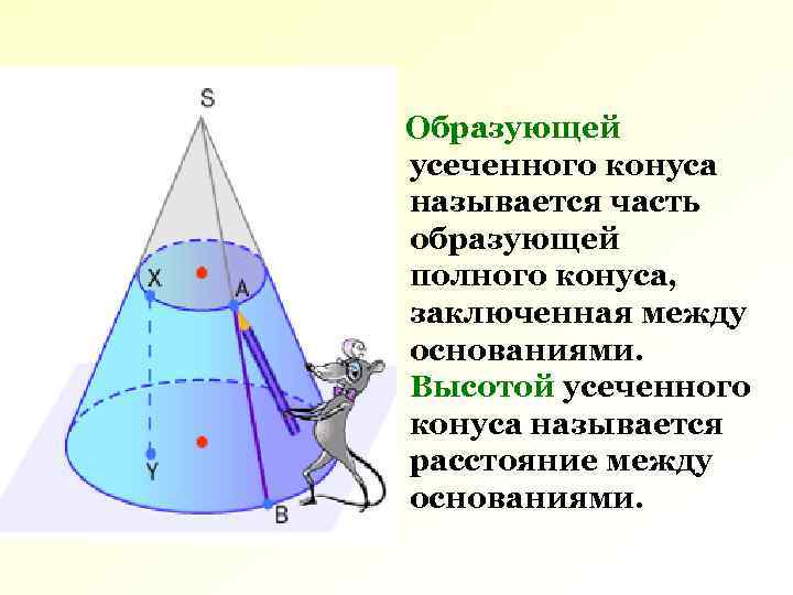 Образующей усеченного конуса называется часть образующей полного конуса, заключенная между основаниями. Высотой усеченного конуса