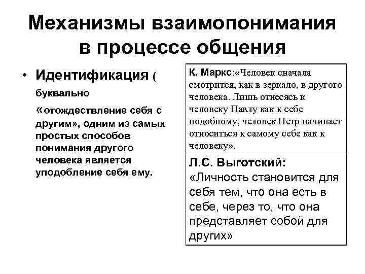 Механизмы взаимопонимания в процессе общения • Идентификация ( буквально «отождествление себя с другим» ,