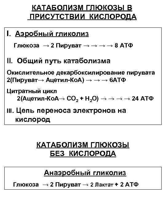 КАТАБОЛИЗМ ГЛЮКОЗЫ В ПРИСУТСТВИИ КИСЛОРОДА I. Аэробный гликолиз Глюкоза → 2 Пируват → →