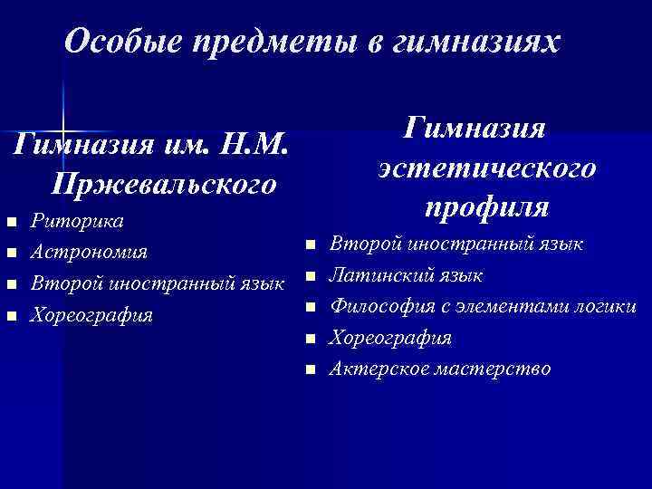 Особые предметы в гимназиях Гимназия эстетического профиля Гимназия им. Н. М. Пржевальского n n