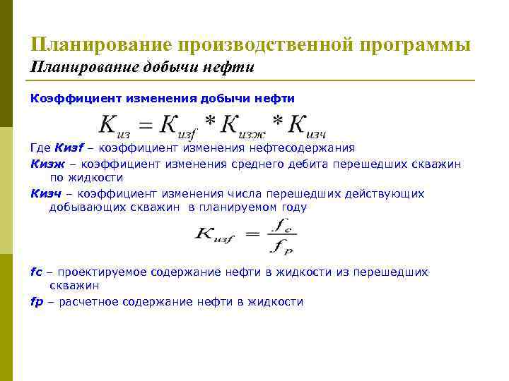 Планирование производственной программы Планирование добычи нефти Коэффициент изменения добычи нефти Где Кизf – коэффициент