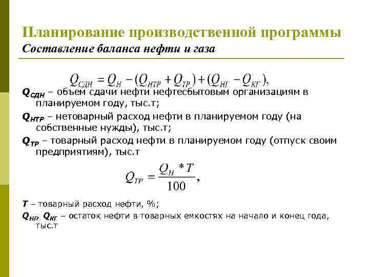 Планирование производственной программы Составление баланса нефти и газа QСДН – объем сдачи нефтесбытовым организациям