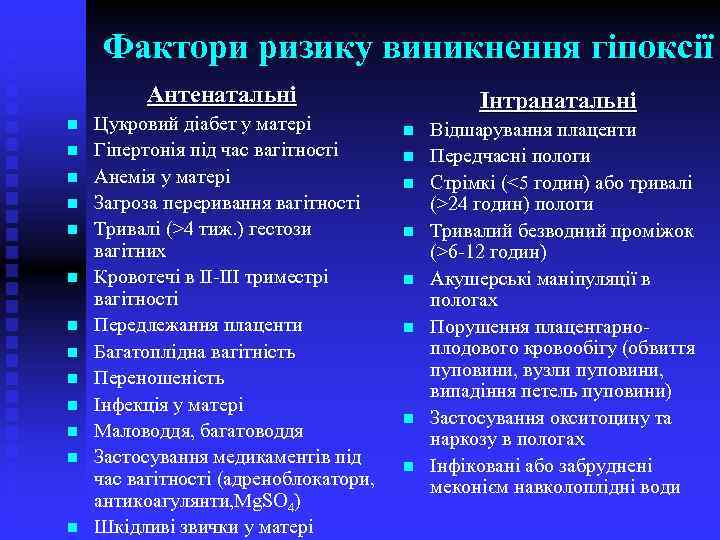 Фактори ризику виникнення гіпоксії Антенатальні n n n n Цукровий діабет у матері Гіпертонія