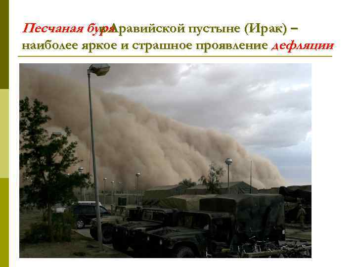 Песчаная буря в Аравийской пустыне (Ирак) – наиболее яркое и страшное проявление дефляции 