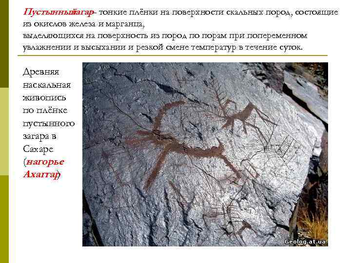 Пустынный загар тонкие плёнки на поверхности скальных пород, состоящие – из окислов железа и