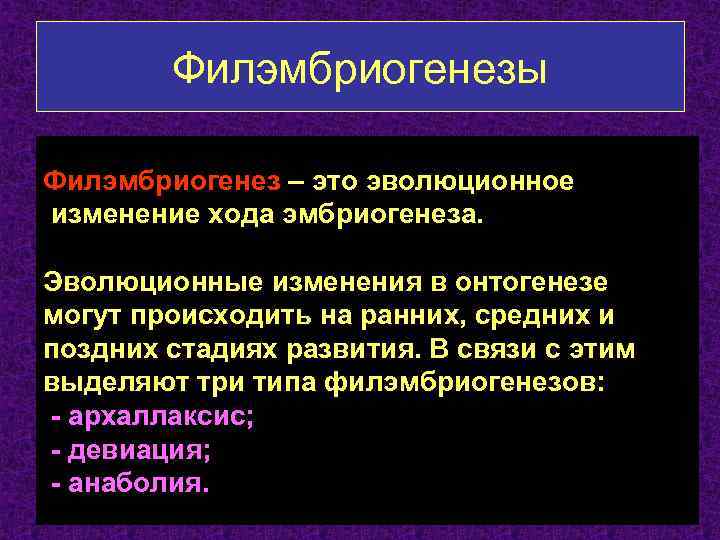 Филэмбриогенезы Филэмбриогенез – это эволюционное изменение хода эмбриогенеза. Эволюционные изменения в онтогенезе могут происходить