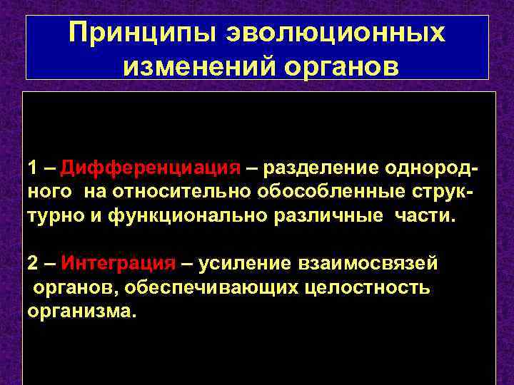 Принципы эволюционных изменений органов 1 – Дифференциация – разделение однородного на относительно обособленные структурно