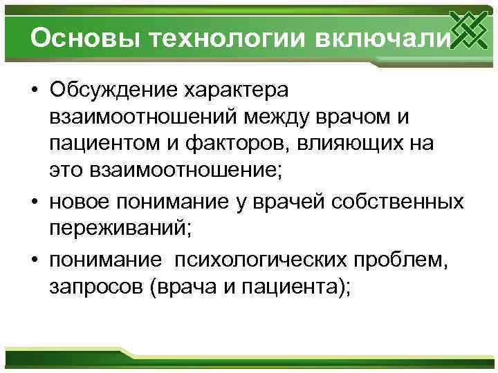 Основы технологии включали • Обсуждение характера взаимоотношений между врачом и пациентом и факторов, влияющих