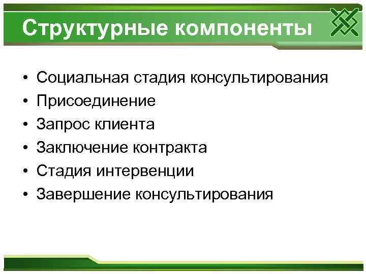 Структурные компоненты • • • Социальная стадия консультирования Присоединение Запрос клиента Заключение контракта Стадия