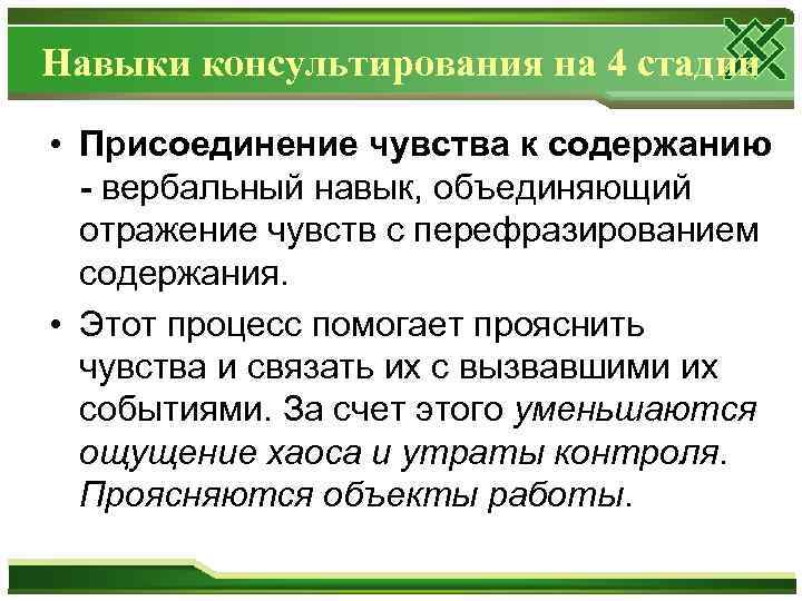 Навыки консультирования на 4 стадии • Присоединение чувства к содержанию - вербальный навык, объединяющий