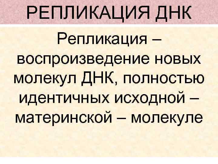 РЕПЛИКАЦИЯ ДНК Репликация – воспроизведение новых молекул ДНК, полностью идентичных исходной – материнской –