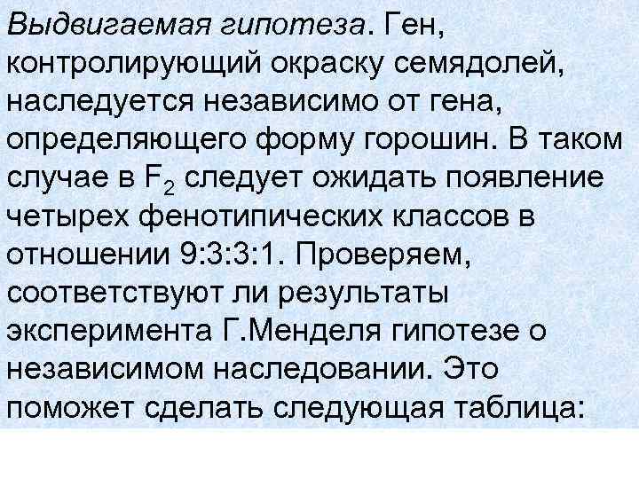 Выдвигаемая гипотеза. Ген, контролирующий окраску семядолей, наследуется независимо от гена, определяющего форму горошин. В