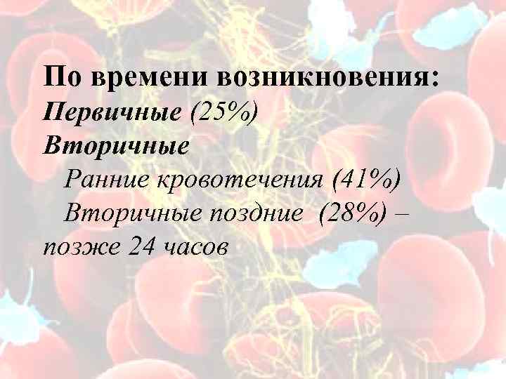 По времени возникновения: Первичные (25%) Вторичные Ранние кровотечения (41%) Вторичные поздние (28%) – позже