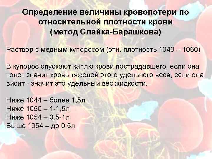  Определение величины кровопотери по относительной плотности крови (метод Слайка-Барашкова) Раствор с медным купоросом